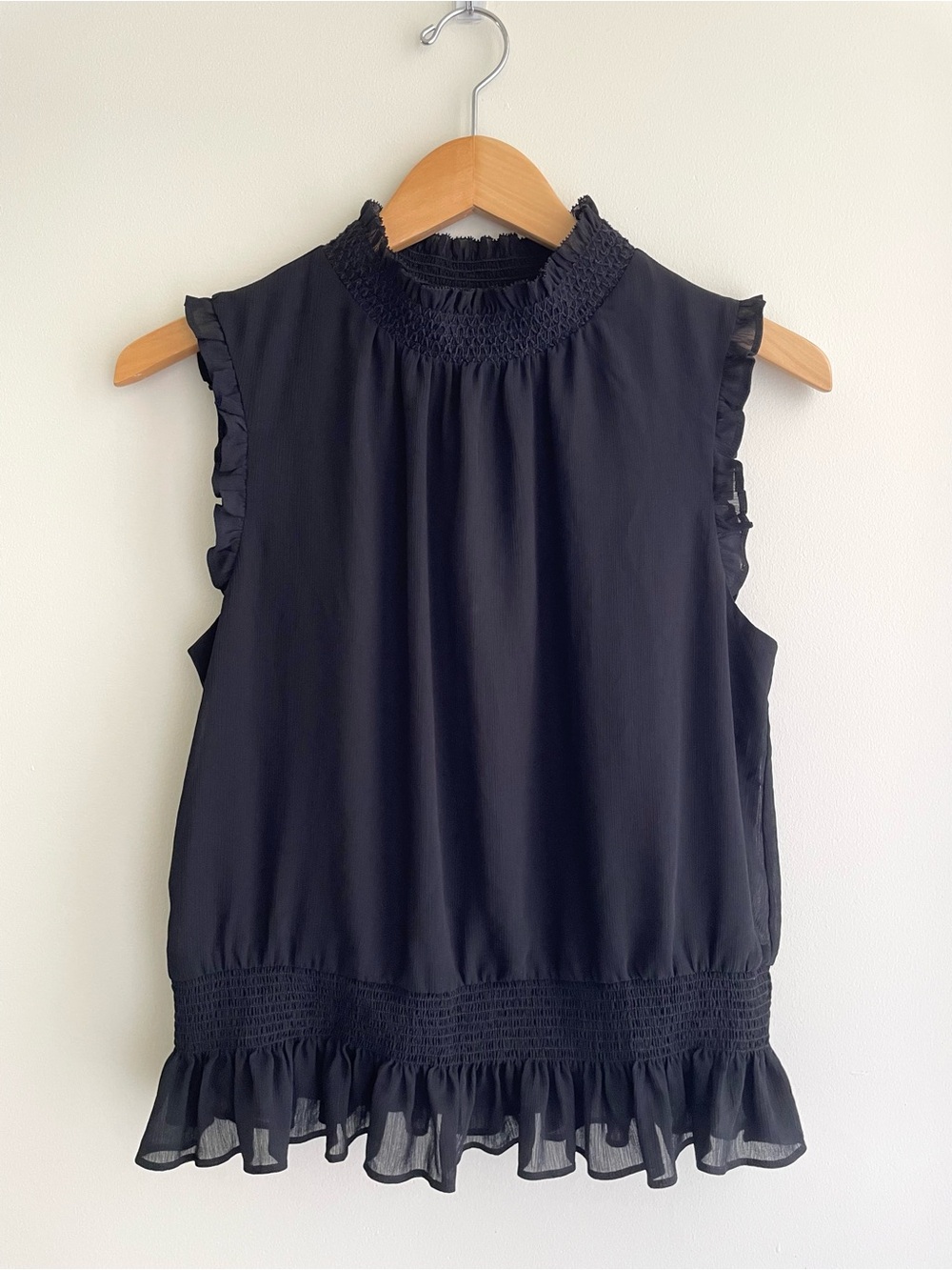 J. Crew Black Smocked Ruffle-Neck Sleeveless Top